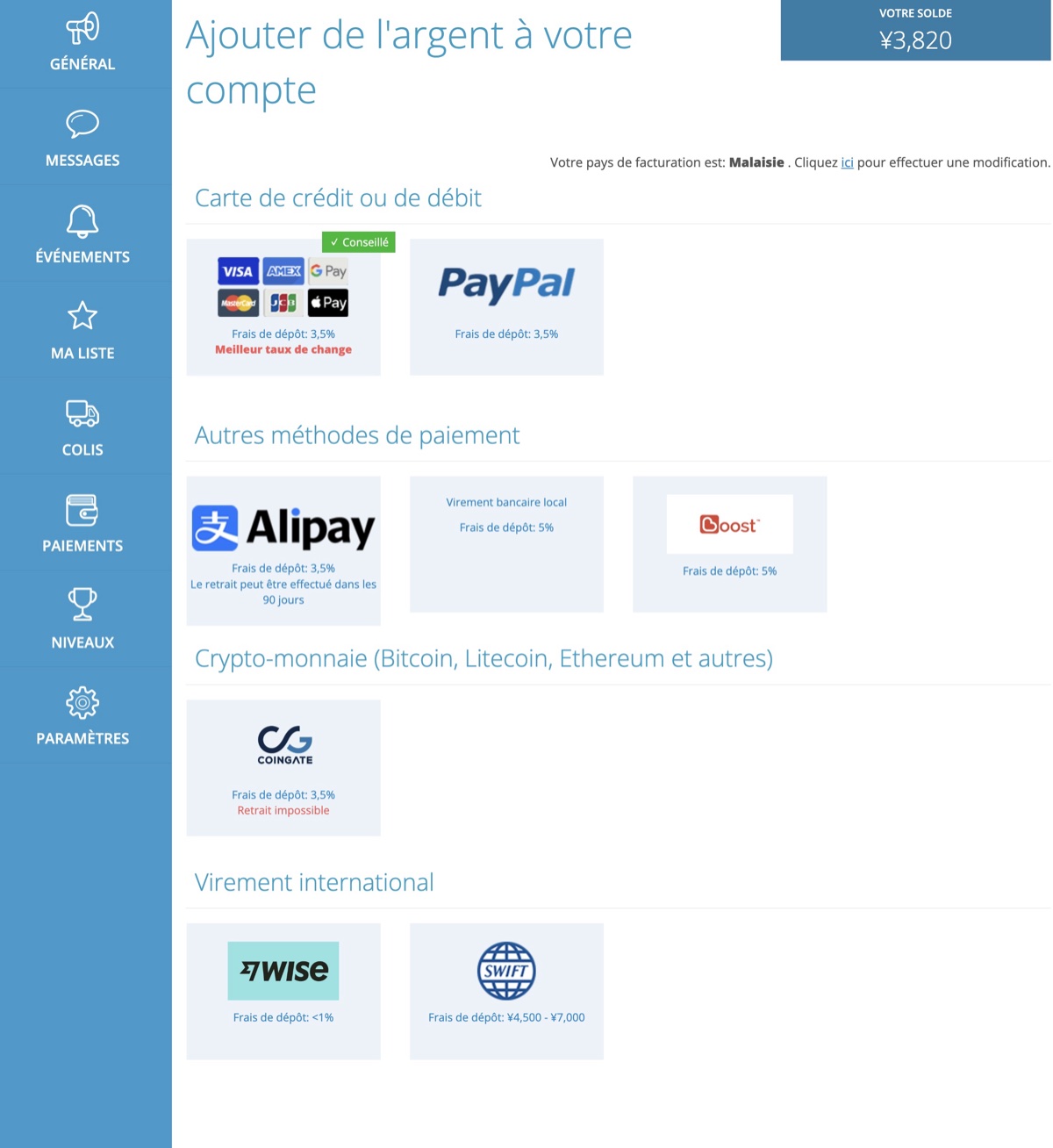 Page ZenMarket pour créditer son compte, avec les frais de dépôt par moyen de paiement