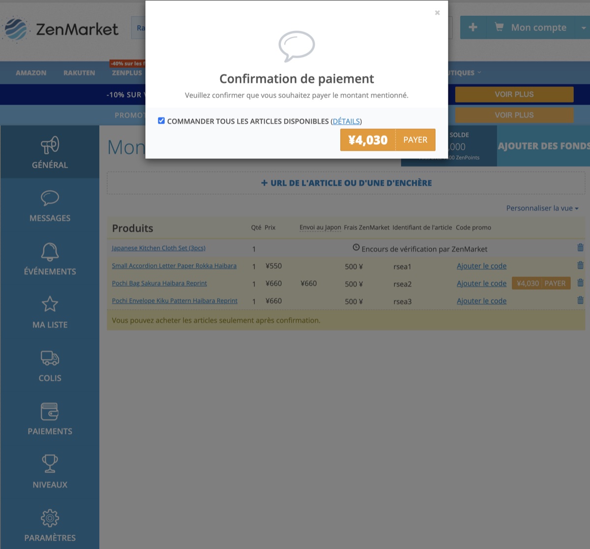 Fenêtre de confirmation de paiement ZenMarket de 4 030 yens pour trois articles Haibara