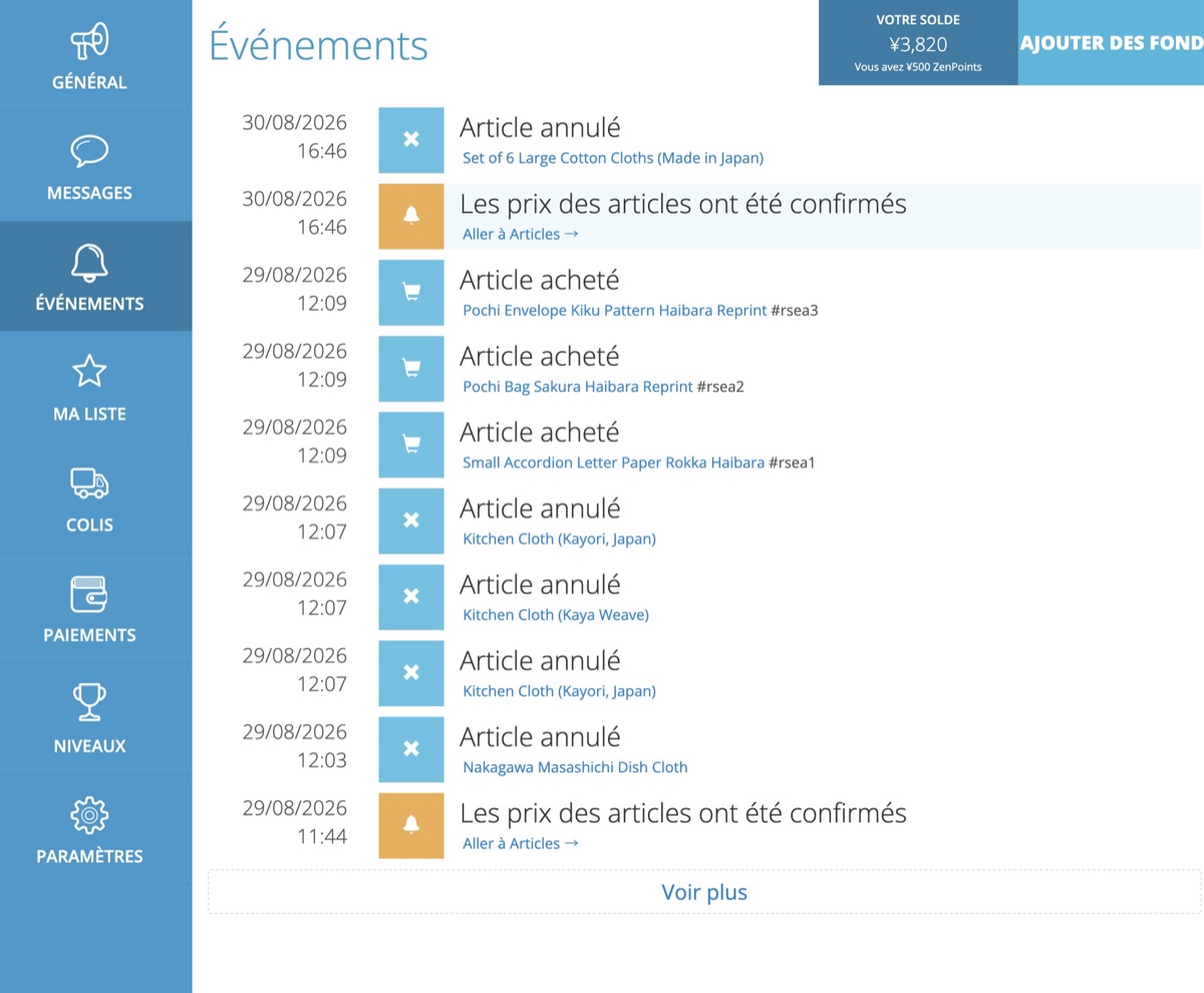 Historique ZenMarket montrant quatre articles annulés avant un achat confirmé