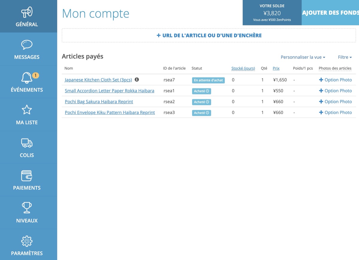 Compte ZenMarket après paiement, quatre articles achetés, solde restant 3 820 yens
