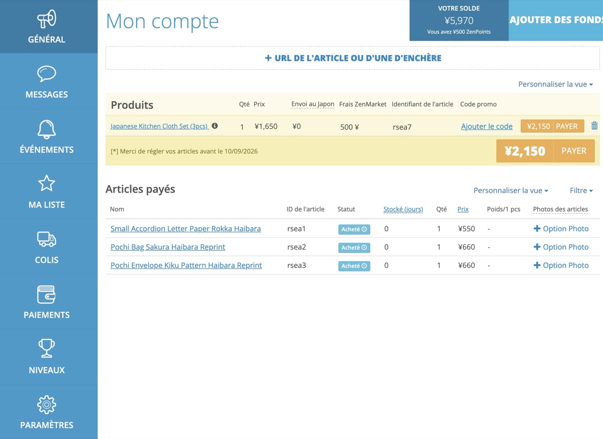 Compte ZenMarket avec un lot de torchons à payer pour 2 150 yens