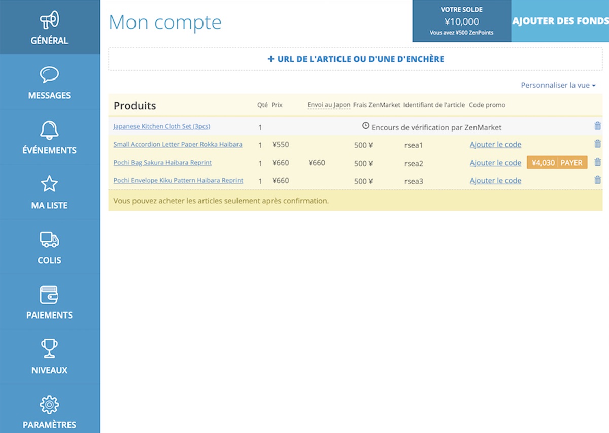 Compte ZenMarket avec un article en cours de vérification et trois articles Haibara confirmés