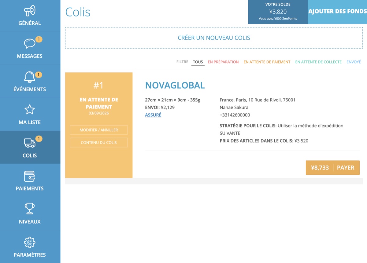 Colis ZenMarket en attente de paiement : 27 x 21 x 9 cm, 355 g, envoi Nova Global vers la France