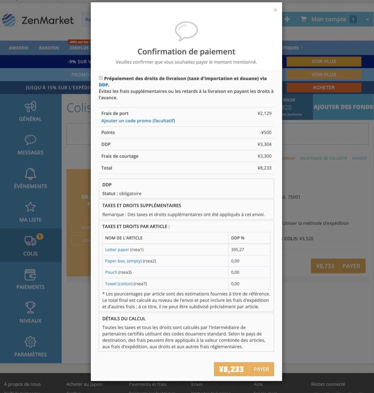 Detail des taxes DDP par article sur ZenMarket : seul le papier a lettres est taxe individuellement