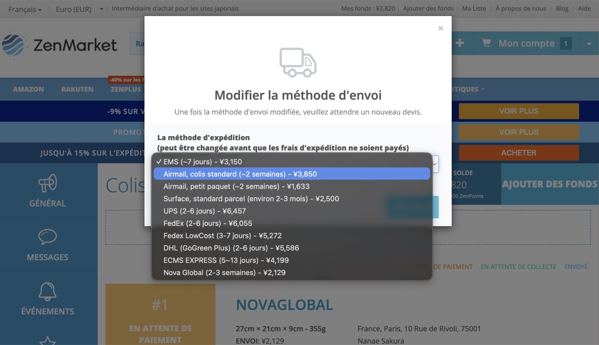 Liste des 10 methodes d'expedition ZenMarket vers la France avec prix pour un colis de 355 g