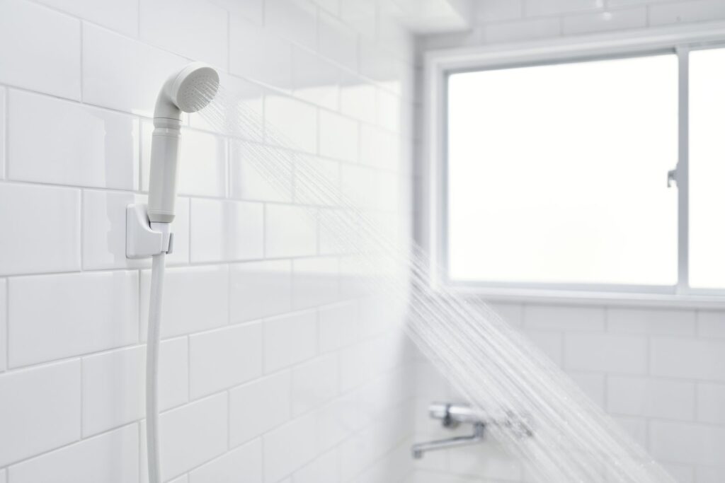 Pommeau de douche filtrant japonais ionac en fonctionnement, fixé au mur d'une salle de bain