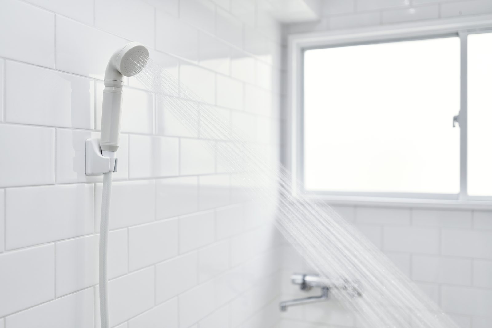 Pommeau de douche filtrant japonais ionac en fonctionnement, fixé au mur d'une salle de bain