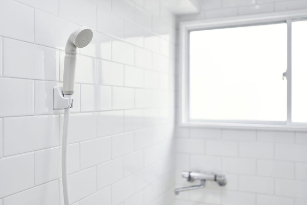 Pommeau de douche ionac installé sur son support mural, relié au flexible